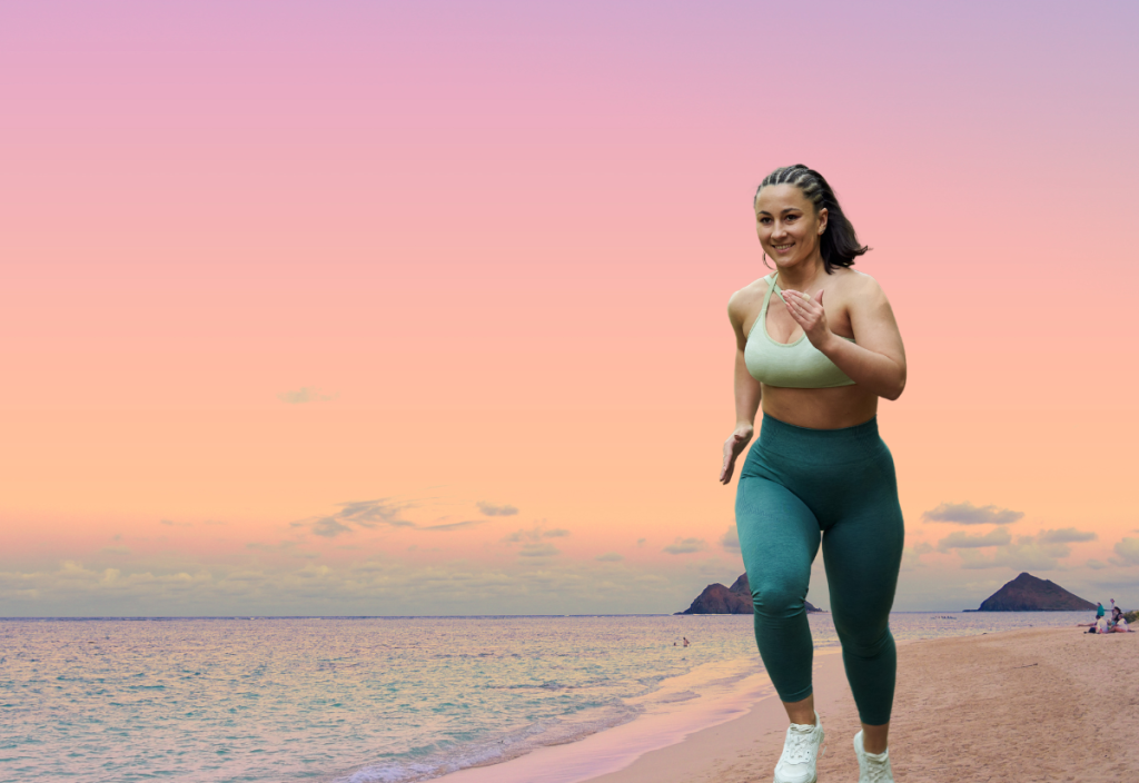 Woman jogging on beach 4x2.75