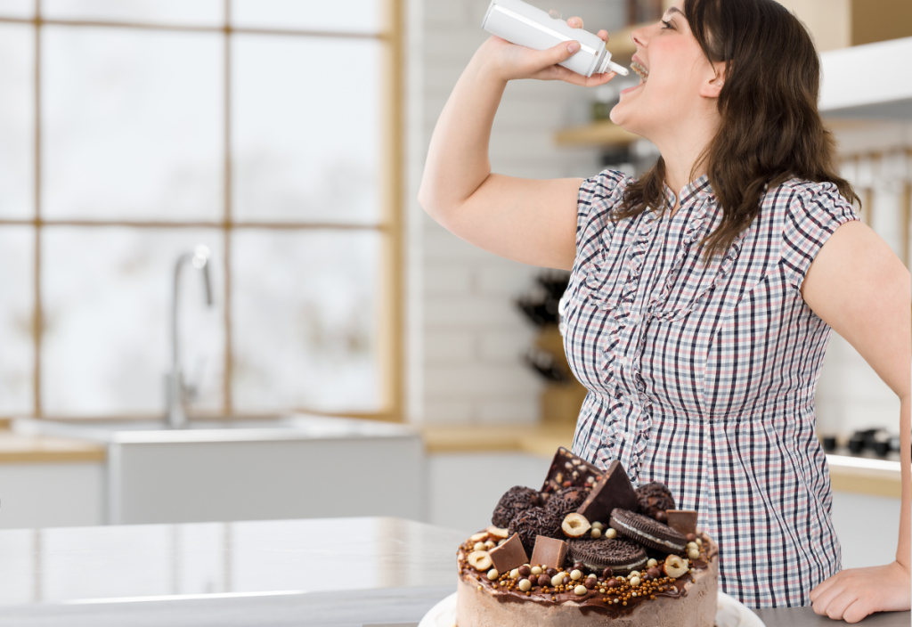Woman + whipped cream + choc cake 4x2.75