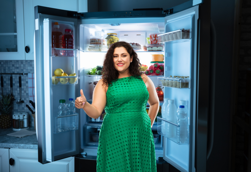 woman front of refrigerator 4x2.75
